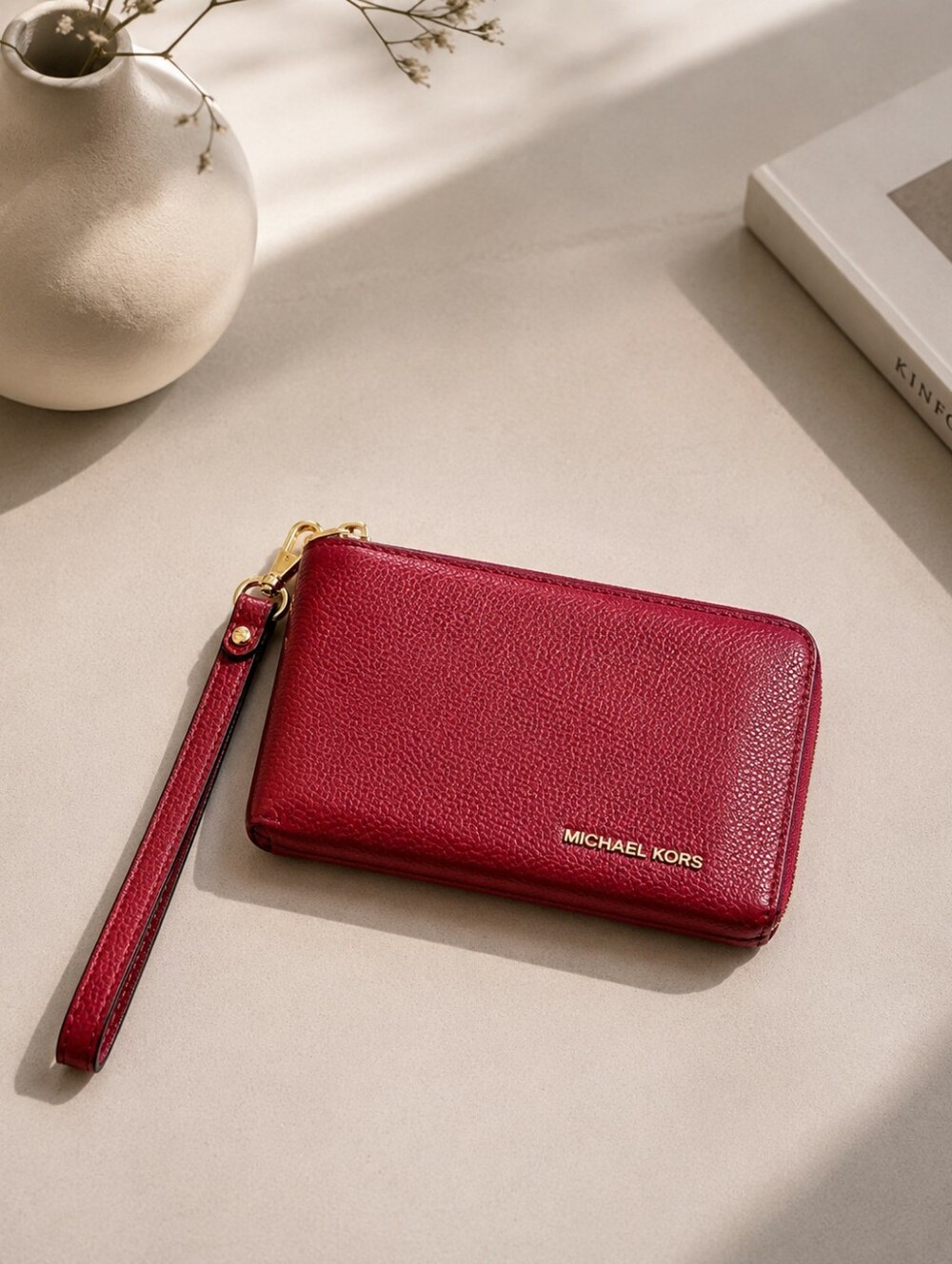 Valentines Day Red Michael Kors Jet Set large pebble Leather Wristlet Wallet